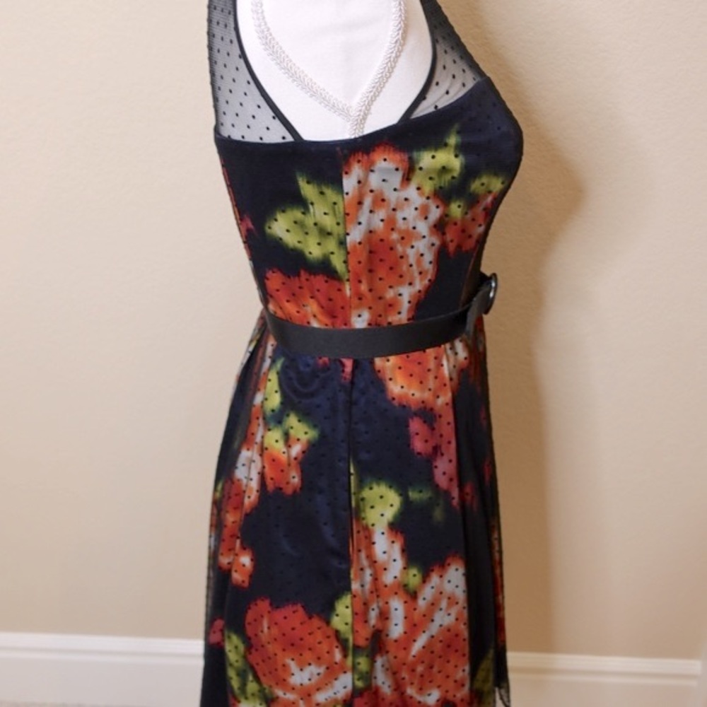 NEW Eliza J Navy Floral Dress with Black Sheer Polka Dot Mesh Ove… - Picture 4 of 16